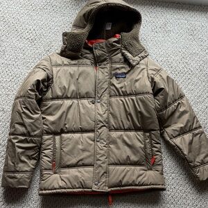 Patagonia Kids Hooded Puffer Jacket in Brown with Orange Accents